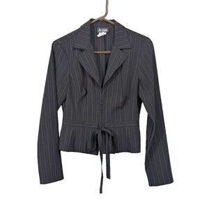 Women's Blazer Size 7/8 Black Pinstriped Hooks Front Tie Belt Long Sleeve Career